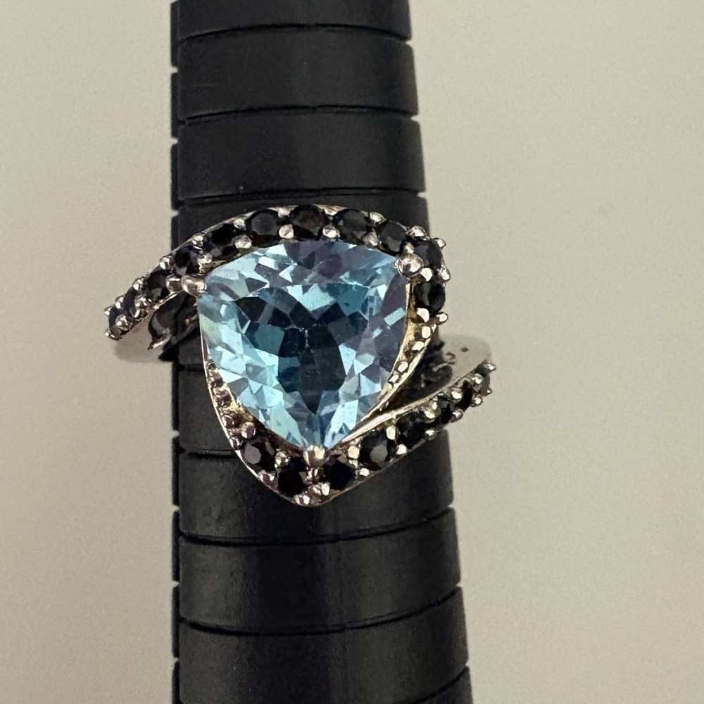 Trilliant cut Aquamarine and Black Spinel Sterling Silver Ring